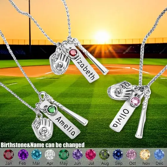 Personalized Birthstone Softball Baseball Bat Glove Necklace with Engraved Name…