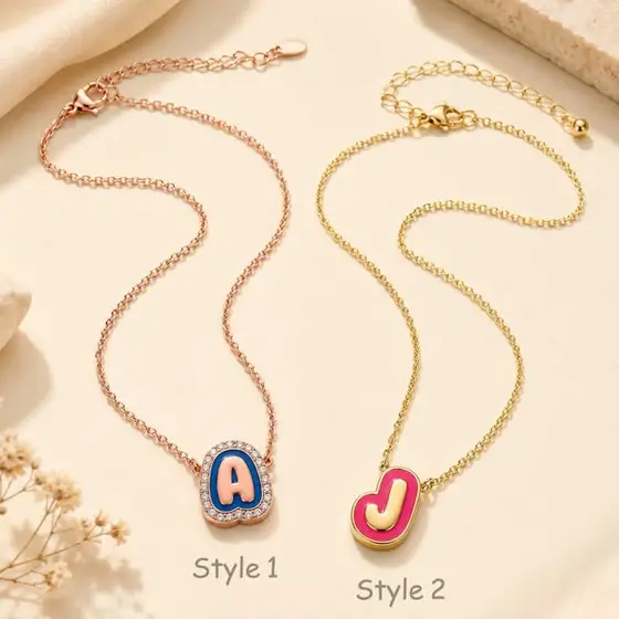 Personalized Bubble Initial & Name Necklace, Minimalist Engraved Charm Pendant,…
