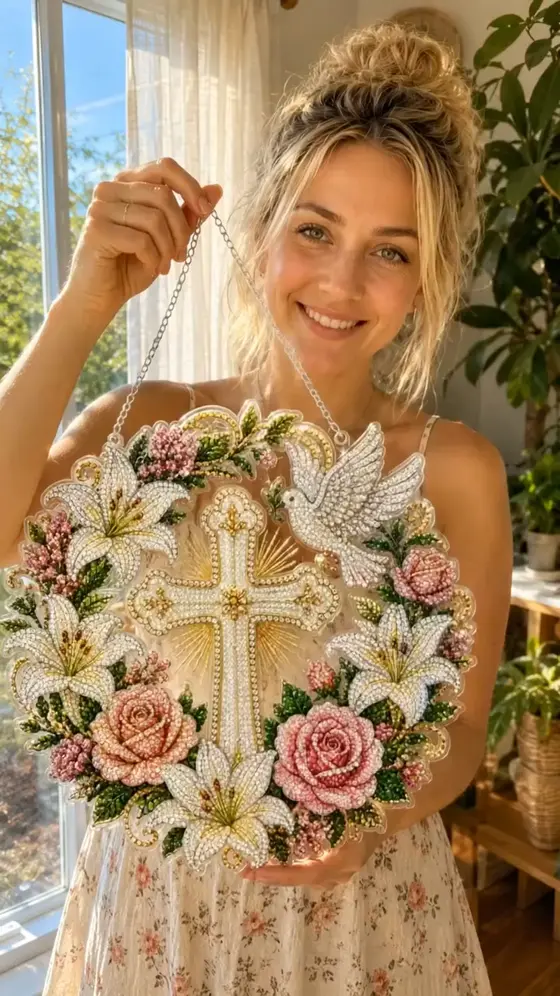 ✝️💐Cross, Flowers & Peace Dove Diamond Art Hanging Ornament Kit