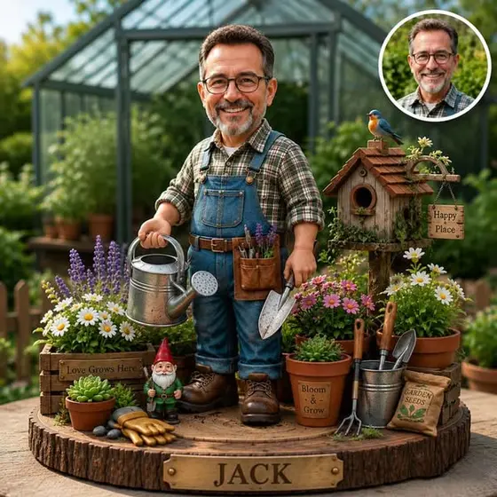 Custom cartoon-style gardening-themed portrait sculpture ornament