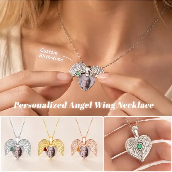 Personalized Angel Wing Heart Birthstone Necklace with Photo Anniversary Birthd…