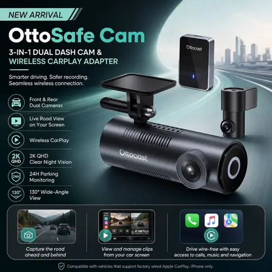 OttoSafe Cam 3-in-1 Dual Dash Cam & Wireless CarPlay Adapter