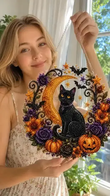 🐈⬛🎃Halloween Black Cat Moon Diamond Art Hanging Ornament Kit