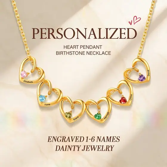 Personalized Heart Pendant Birthstone Necklace with Engraved 1-6 Names Dainty J…