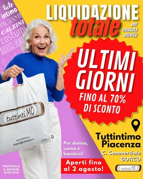 ⏳ ULTIMI GIORNI DI FUORI TUTTO!
La liquidazione per chiusura locali sta per con…