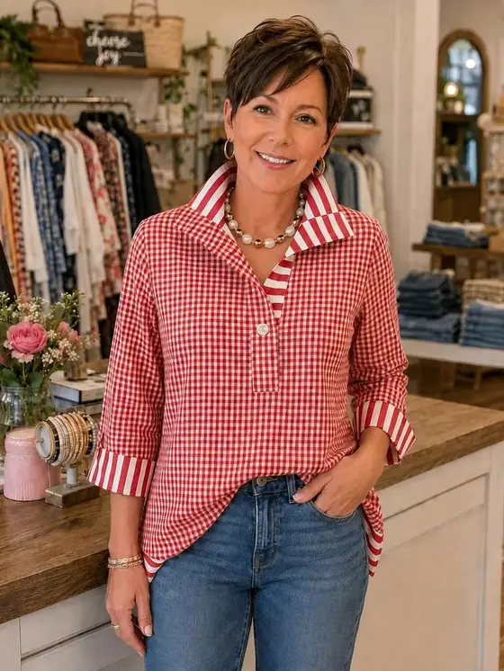 Classic Gingham Contrast-Stripe Three-Quarter Sleeve Shirt