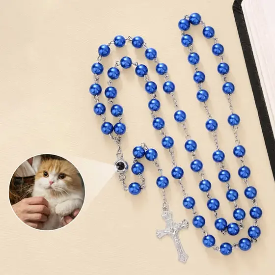 Personalized Photo Projection Crucifix Rosary Beaded Necklace, Dainty Religious…