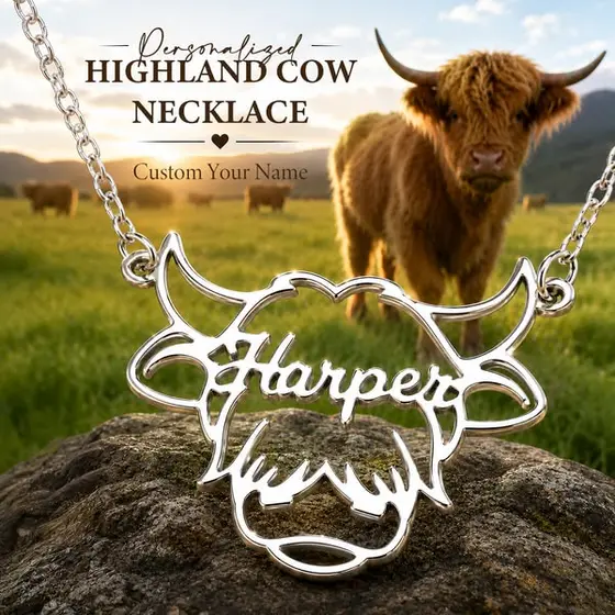 Personalized Boho Highland Cow Name Necklace, Sterling Silver 925 Dainty Women'…