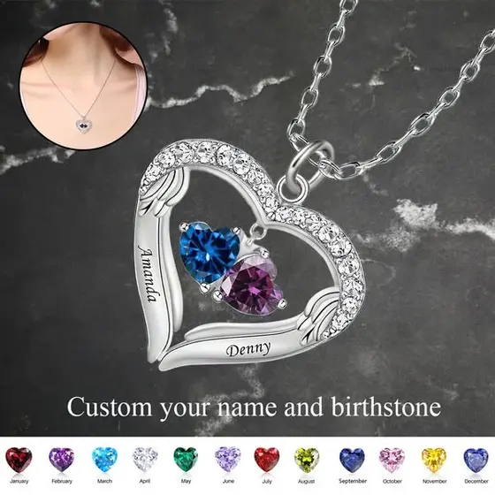 Custom Name Heart Shaped Birthstone Angel Wings Personalized Necklace, Women's…