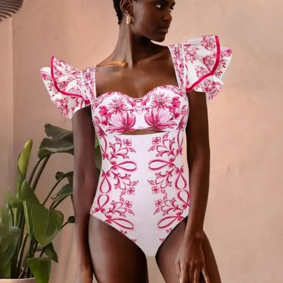 Cutout Flower Print One Piece Swimsuit and Skirt Flaxmaker Only swimsuit-S